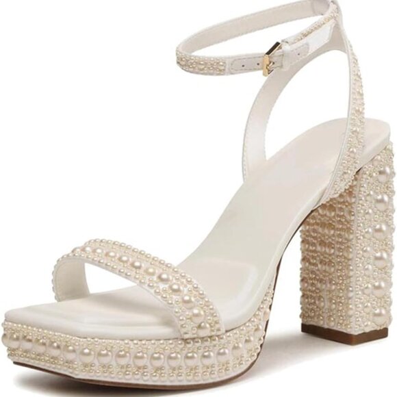 Womens Pearl Platform Open Toe Heels Rubber Sole Buckle Ankle Strap Shoes - Picture 1 of 6